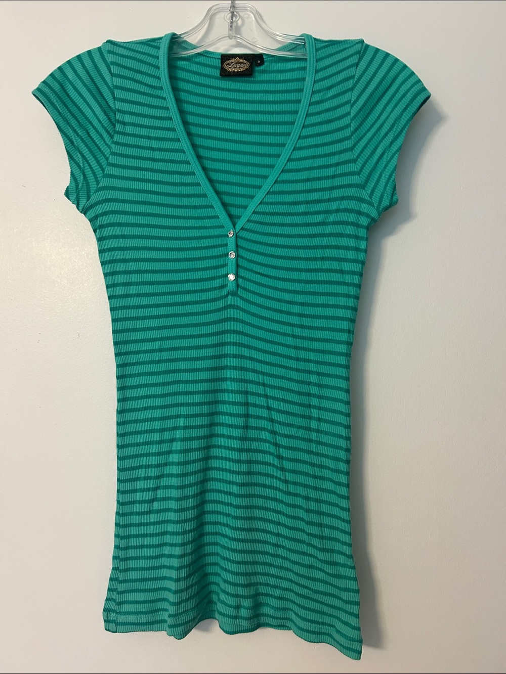 Striped V-Neck Cap Sleeve Top in Teal with rhinestones